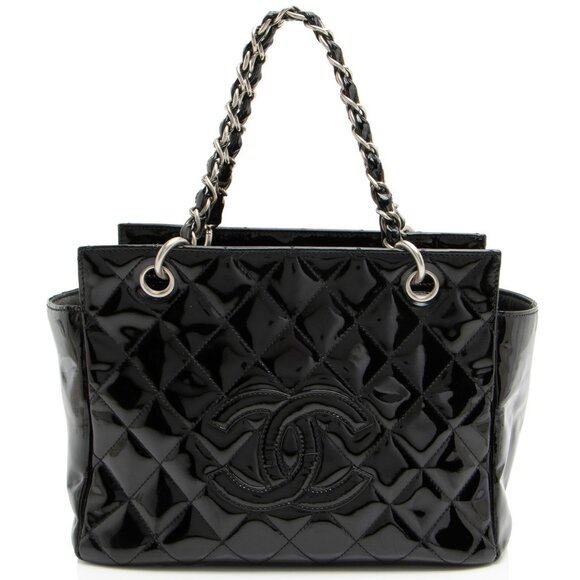CHANEL GST Petit Timeless Tote Patent Quilted Chain Shoulder Bag Purse PTT